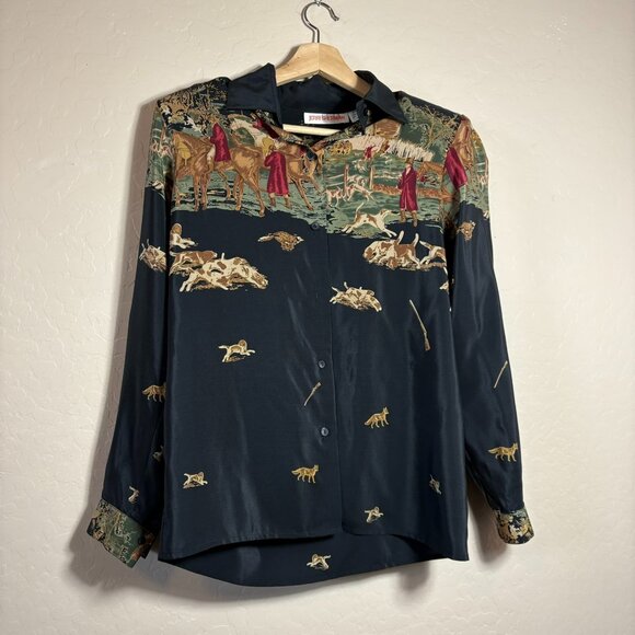 Jerry Sherman Tops - Jerry Sherman Vintage 100% Silk Long Sleeve Button Down Blouse Equestrian Scene